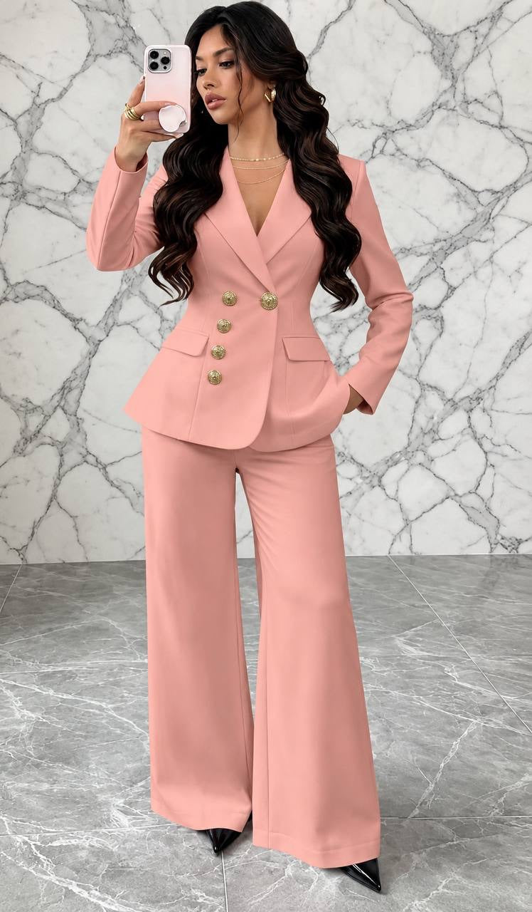 Fitted Button-Front Blazer And Wide-Leg Trouser Set – Pink