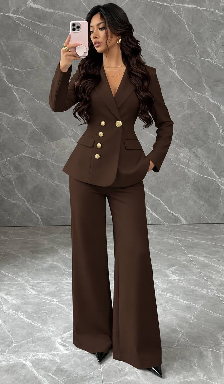 Fitted Button-Front Blazer And Wide-Leg Trouser Set – Brown