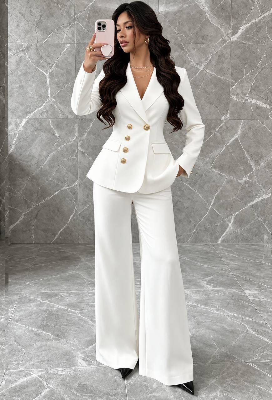Fitted Button-Front Blazer And Wide-Leg Trouser Set – White