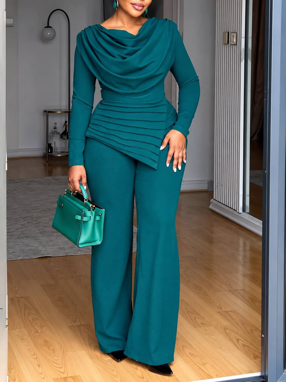 Draped Cowl Neck Top And Wide Leg Trouser Set – Teal
