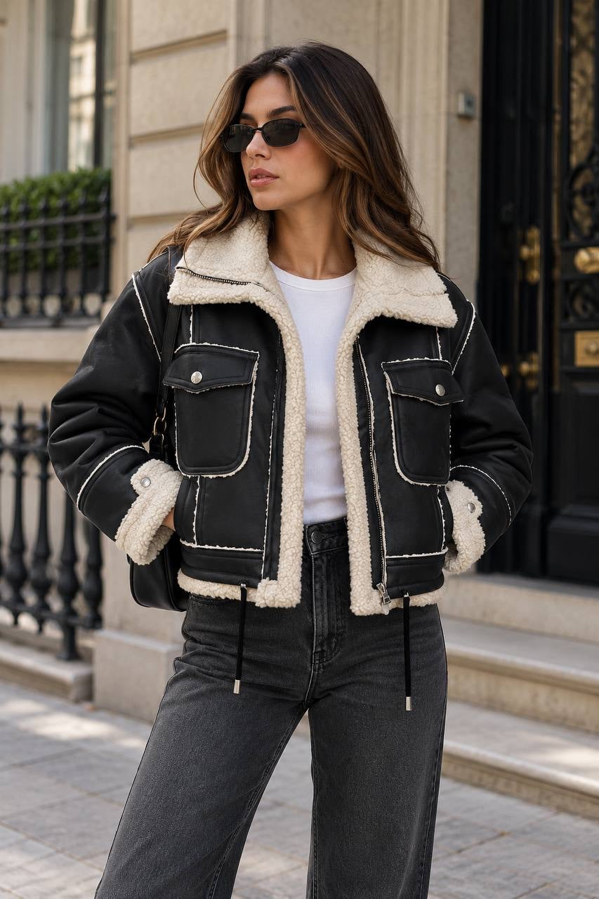 Relaxed Zip-Front Jacket With Textured Trim – Black