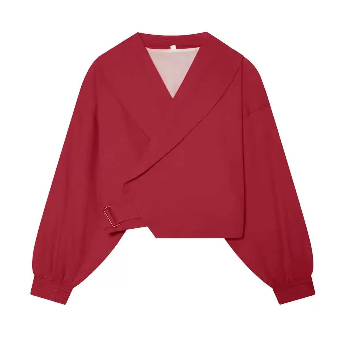 Cropped Shawl Collar Jacket With Side Buckle Detail – Red