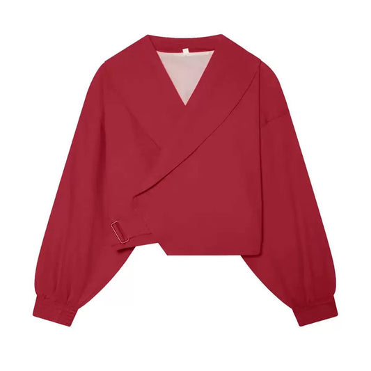 Cropped Shawl Collar Jacket With Side Buckle Detail – Red