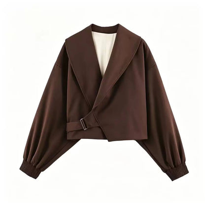 Cropped Shawl Collar Jacket With Side Buckle Detail – Brown