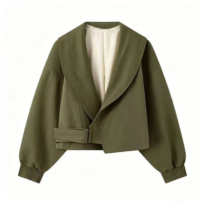Cropped Shawl Collar Jacket With Side Buckle Detail – Olive Green
