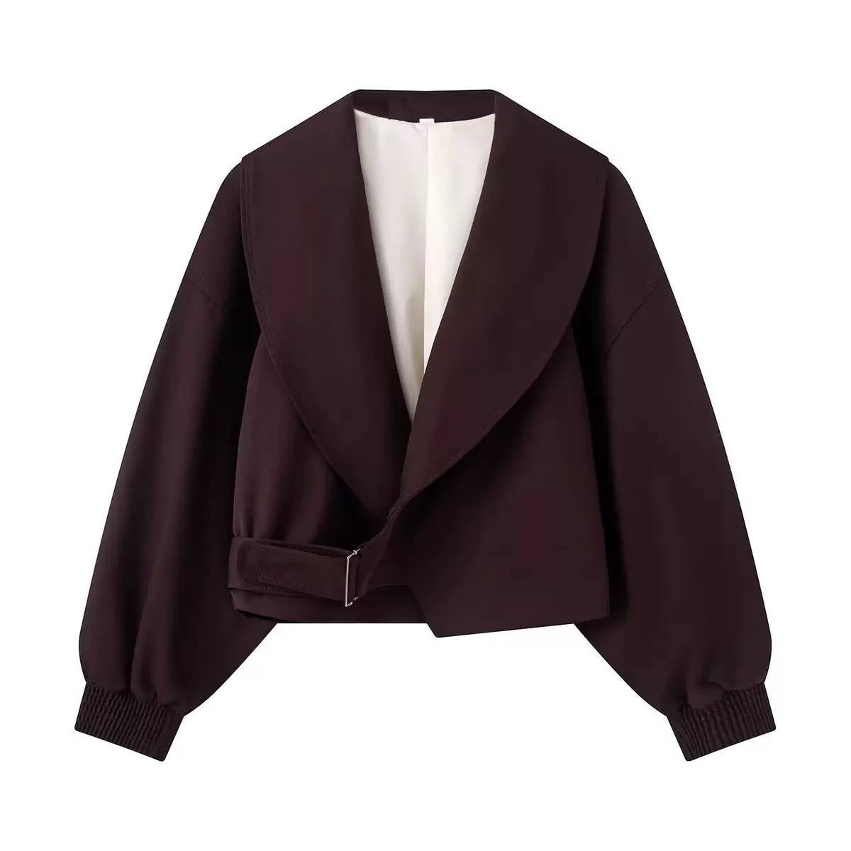 Cropped Shawl Collar Jacket With Side Buckle Detail – Burgundy