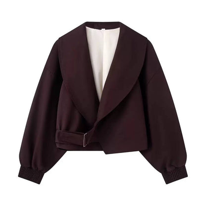 Cropped Shawl Collar Jacket With Side Buckle Detail – Burgundy