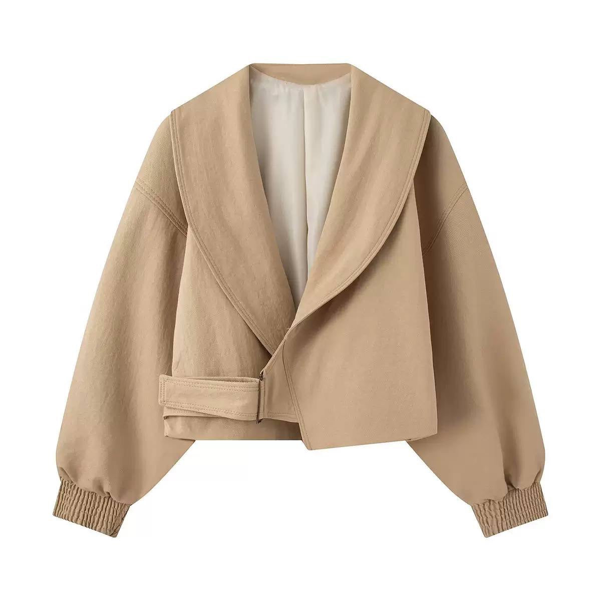 Cropped Shawl Collar Jacket With Side Buckle Detail – Beige