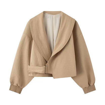 Cropped Shawl Collar Jacket With Side Buckle Detail – Beige