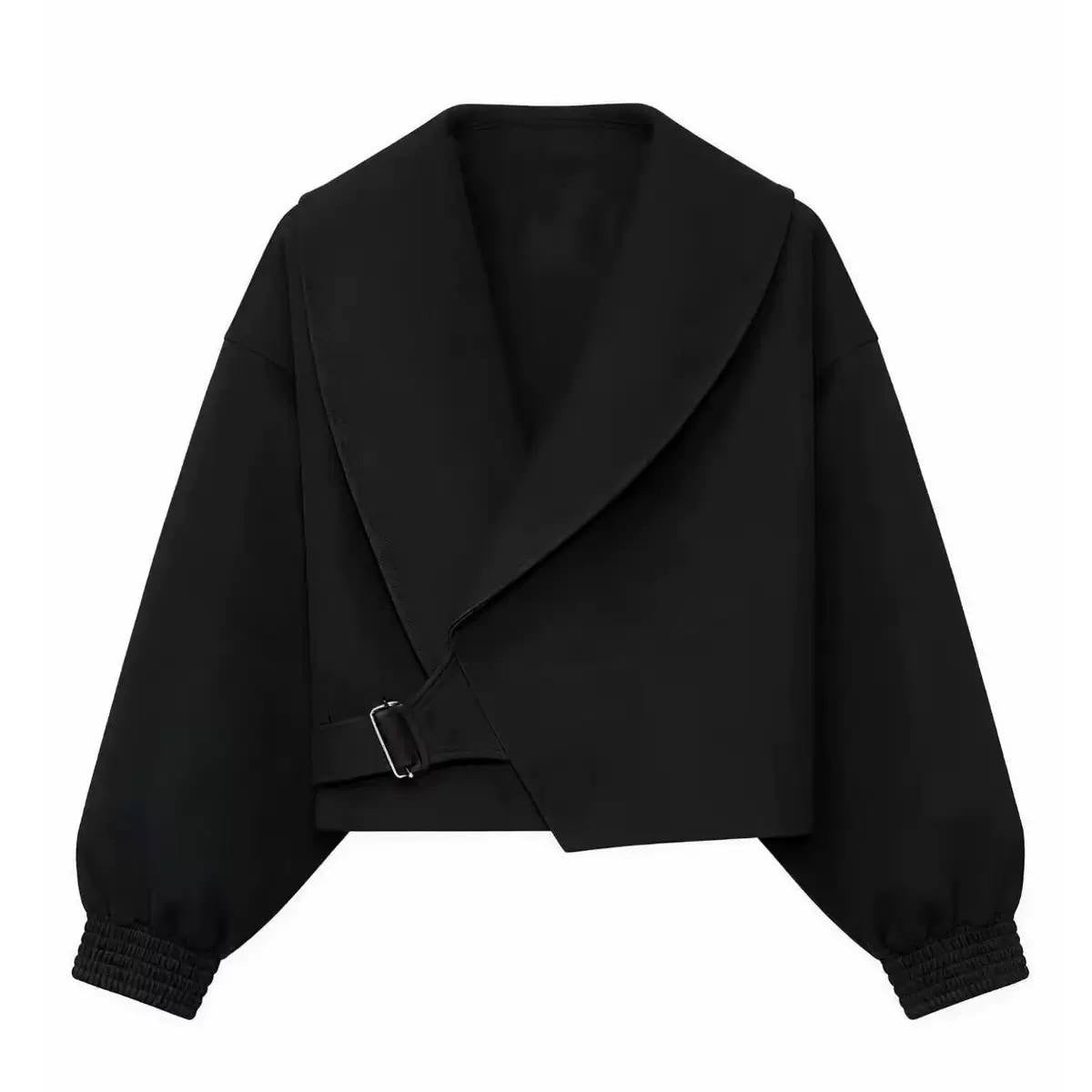 Cropped Shawl Collar Jacket With Side Buckle Detail – Black