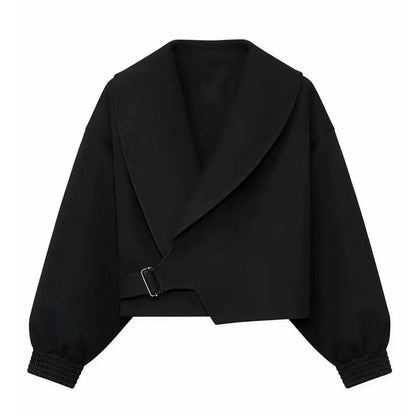 Cropped Shawl Collar Jacket With Side Buckle Detail – Black
