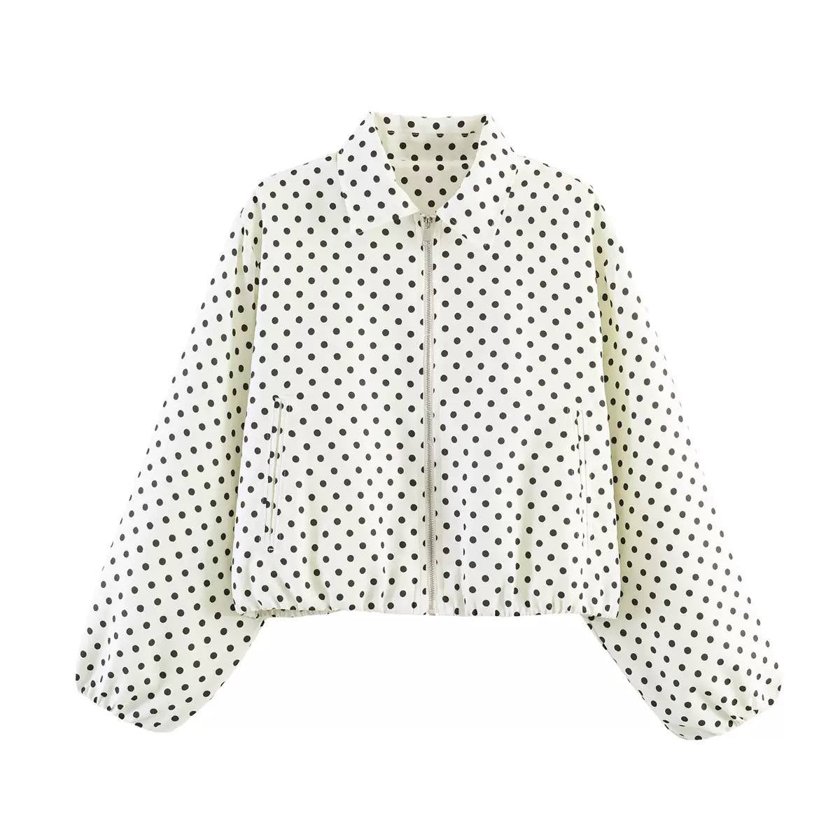 Polka Dot Collared Zip-Up Jacket With Balloon Sleeves – Cream Polka Dot