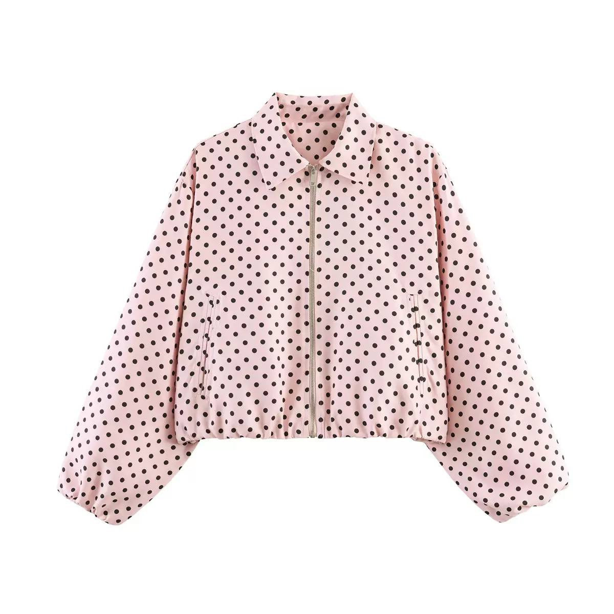 Polka Dot Collared Zip-Up Jacket With Balloon Sleeves – Pink Polka Dot