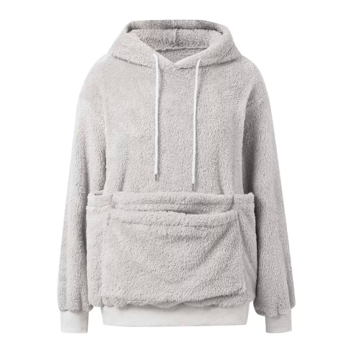 Relaxed Textured Hoodie With Large Front Pouch – Light Grey