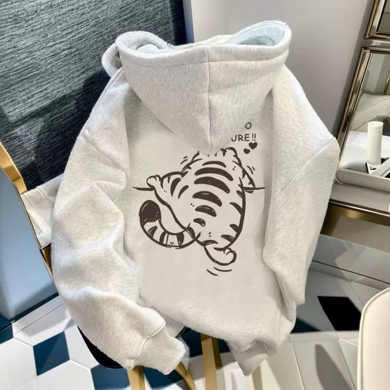 Printed Hoodie With Dropped Shoulders And Full Sleeves – Light Grey Tiger Print
