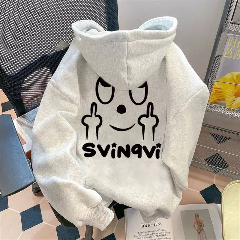 Printed Hoodie With Dropped Shoulders And Full Sleeves – Light Grey Smiling Face And Hands
