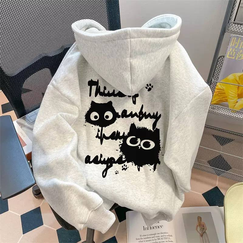 Printed Hoodie With Dropped Shoulders And Full Sleeves – Light Grey Black Cats