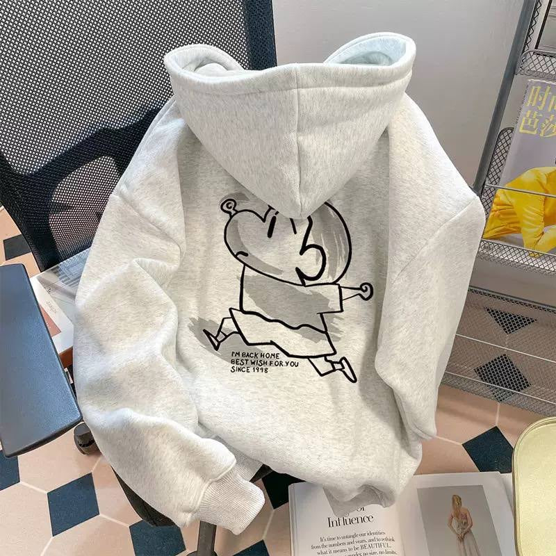Printed Hoodie With Dropped Shoulders And Full Sleeves – Light Grey Running Cartoon