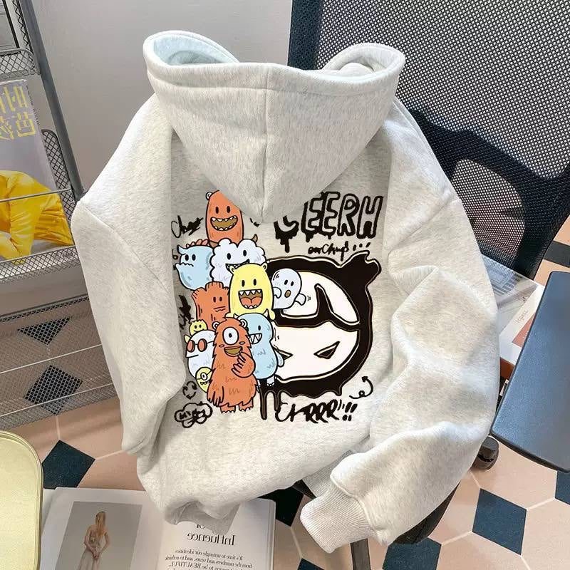 Printed Hoodie With Dropped Shoulders And Full Sleeves – Light Grey Monster Collage