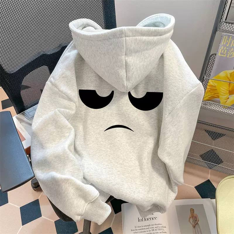 Printed Hoodie With Dropped Shoulders And Full Sleeves – Light Grey Frowning Face