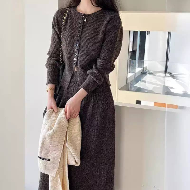 Button-Front Knitted Cardigan And Flared Skirt Set – Brown