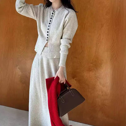 Button-Front Knitted Cardigan And Flared Skirt Set – Light Grey