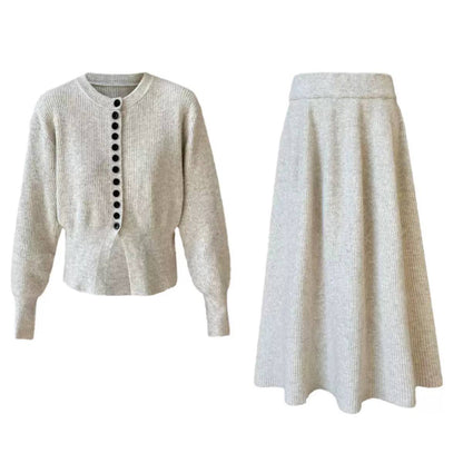 Button-Front Knitted Cardigan And Flared Skirt Set – Light Grey