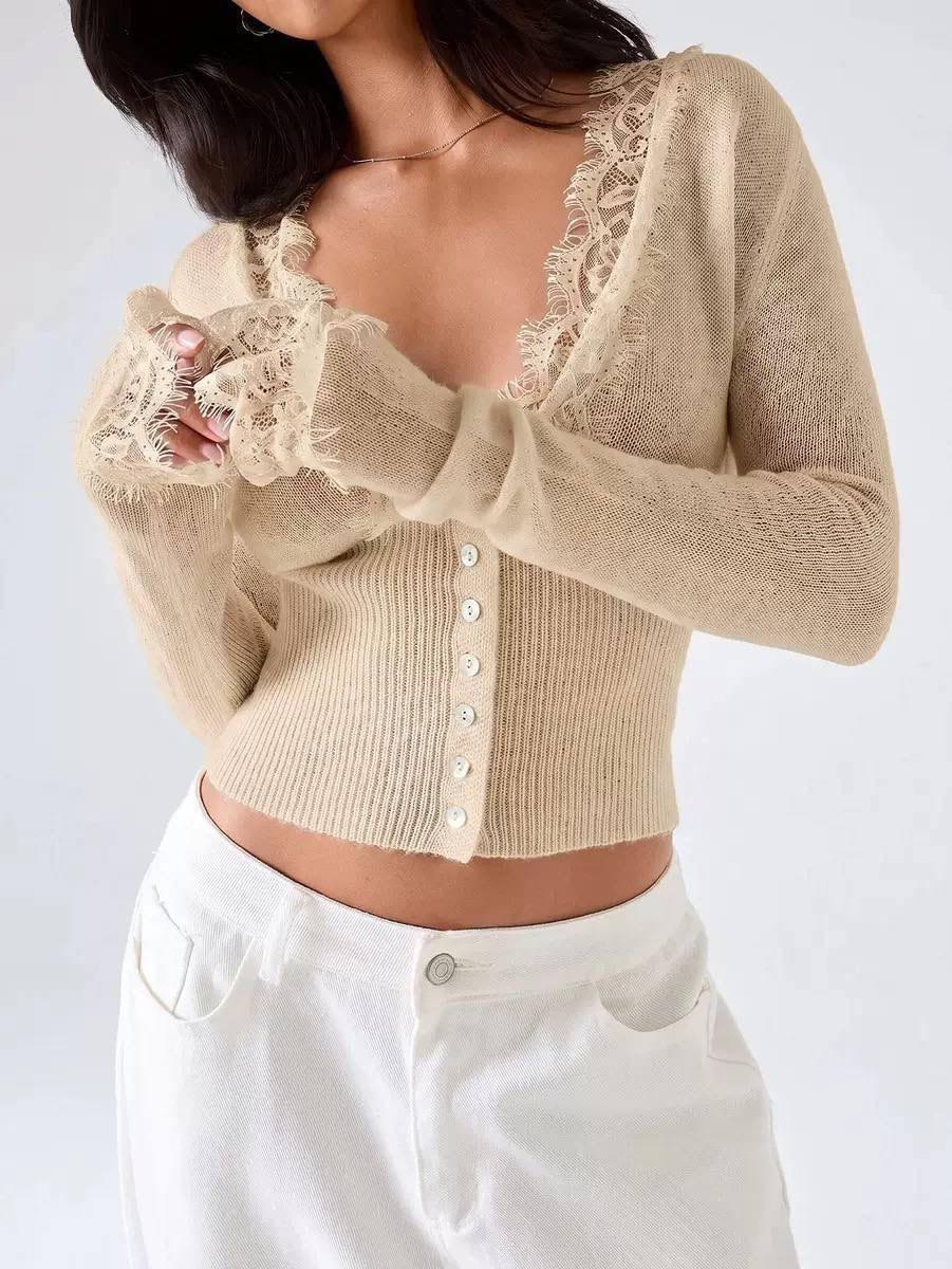 Lace-Trim V-Neck Button-Front Cardigan With Long Sleeves – Beige