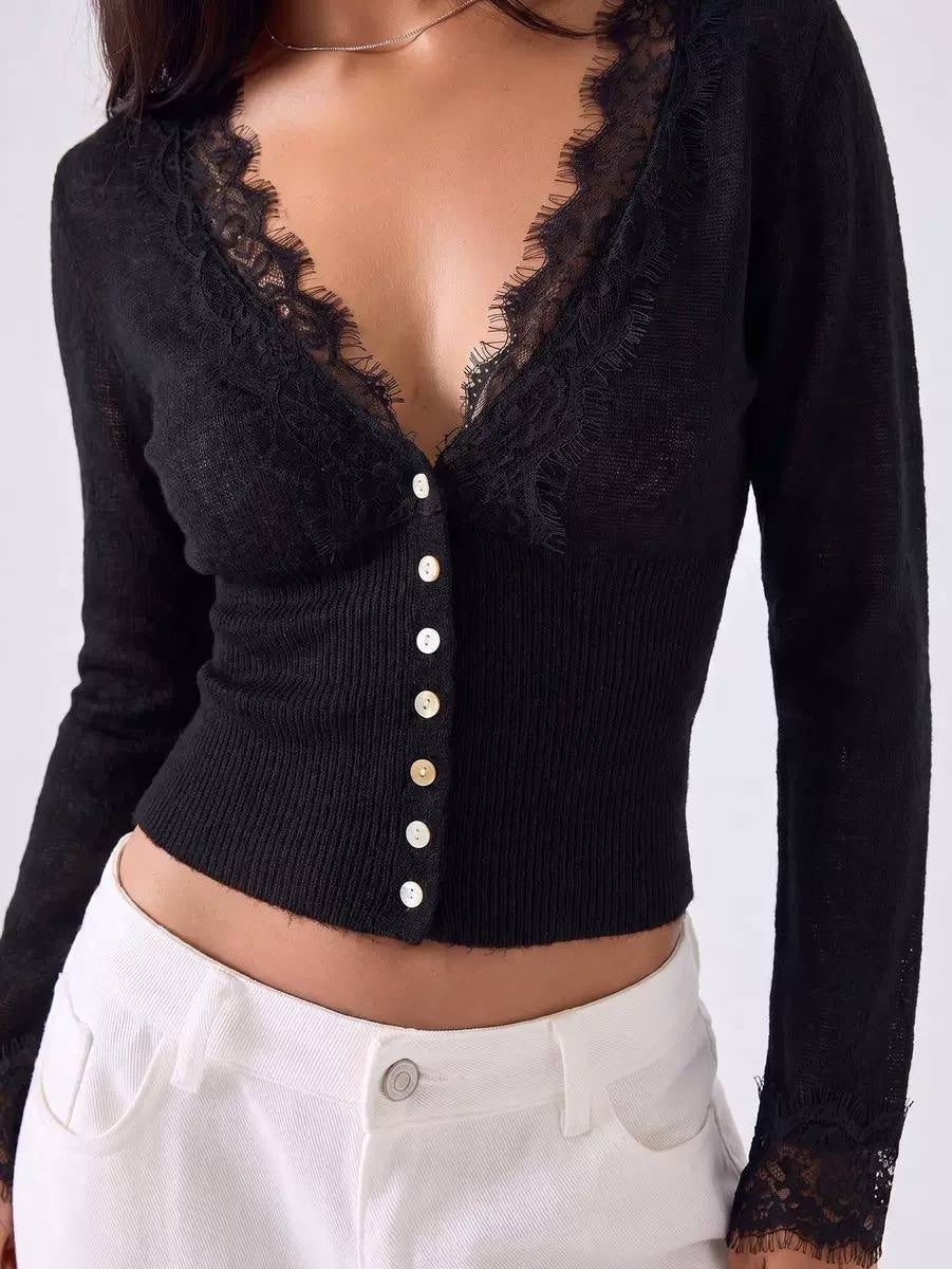 Lace-Trim V-Neck Button-Front Cardigan With Long Sleeves – Black