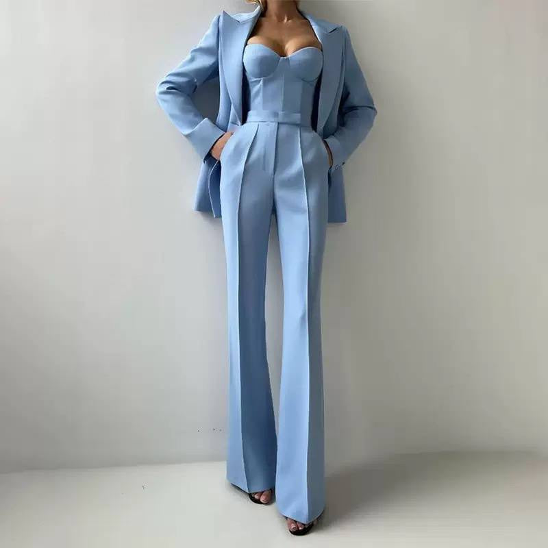 Tailored Blazer, Bustier And Wide-Leg Trouser Set – Light Blue