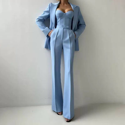 Tailored Blazer, Bustier And Wide-Leg Trouser Set – Light Blue
