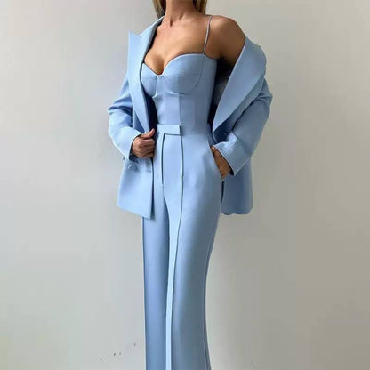 Tailored Blazer, Bustier And Wide-Leg Trouser Set – Light Blue