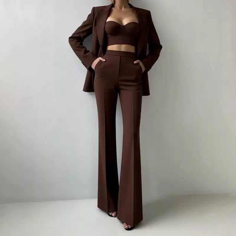 Tailored Blazer, Bustier And Wide-Leg Trouser Set – Dark Brown