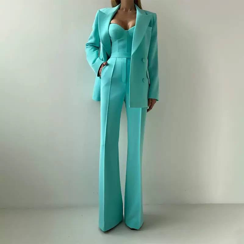 Tailored Blazer, Bustier And Wide-Leg Trouser Set – Turquoise