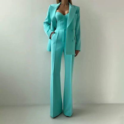 Tailored Blazer, Bustier And Wide-Leg Trouser Set – Turquoise