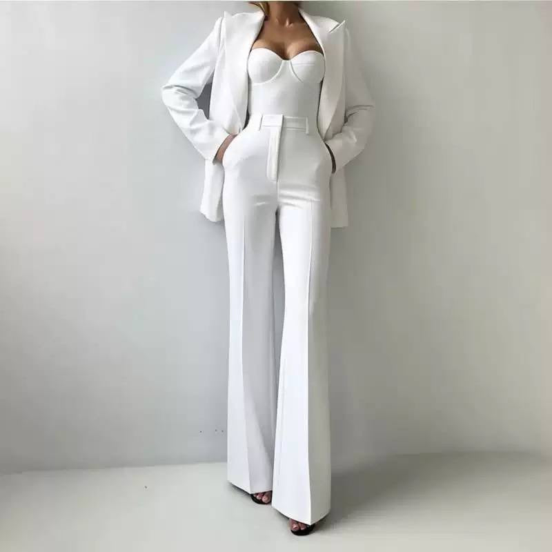 Tailored Blazer, Bustier And Wide-Leg Trouser Set – White