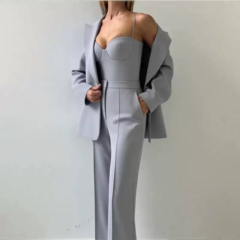 Tailored Blazer, Bustier And Wide-Leg Trouser Set – Light Grey
