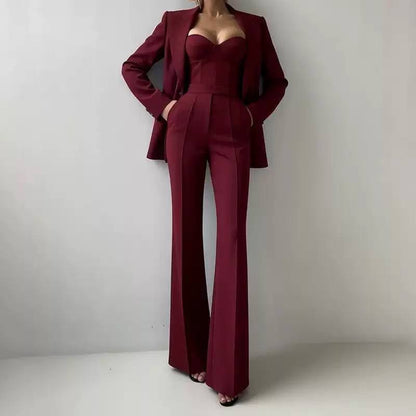 Tailored Blazer, Bustier And Wide-Leg Trouser Set – Burgundy