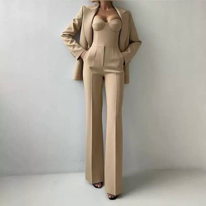 Tailored Blazer, Bustier And Wide-Leg Trouser Set – Beige