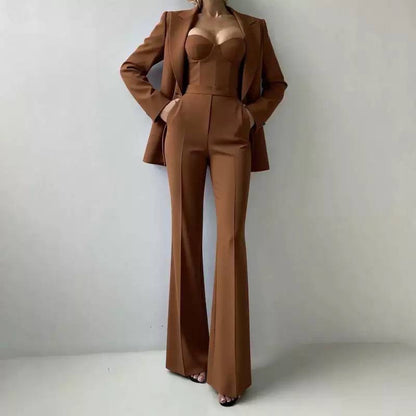 Tailored Blazer, Bustier And Wide-Leg Trouser Set – Brown