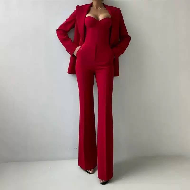 Tailored Blazer, Bustier And Wide-Leg Trouser Set – Red