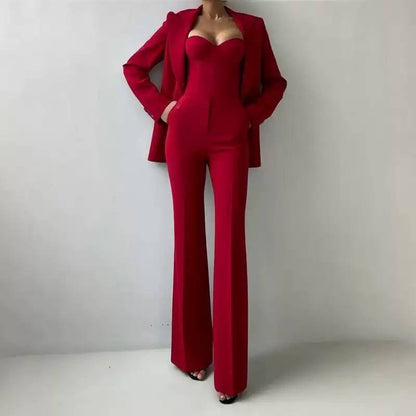 Tailored Blazer, Bustier And Wide-Leg Trouser Set – Red
