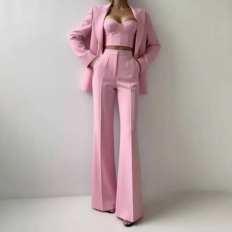 Tailored Blazer, Bustier And Wide-Leg Trouser Set – Pink