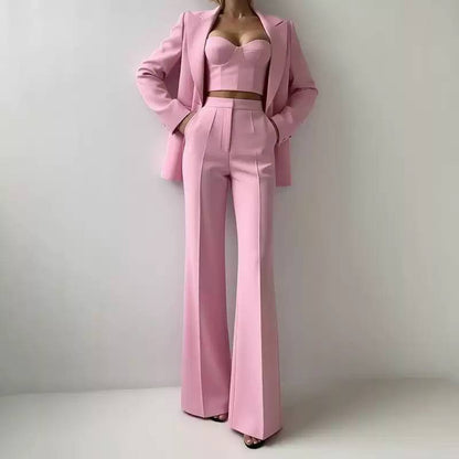 Tailored Blazer, Bustier And Wide-Leg Trouser Set – Pink