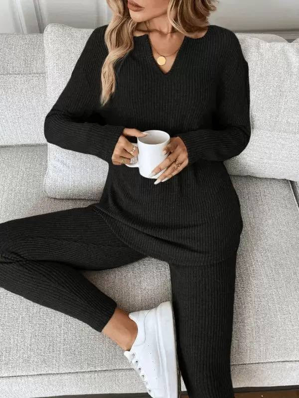 Ribbed Notch Neck Jumper And Trouser Set – Black