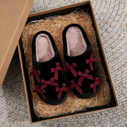 Bow Detail Slip-On Slippers With Rounded Toes – Black