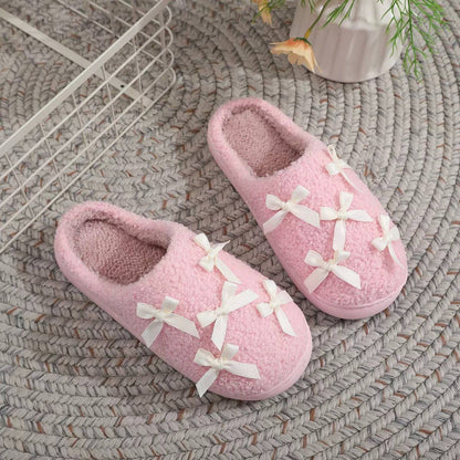 Bow Detail Slip-On Slippers With Rounded Toes – Pink