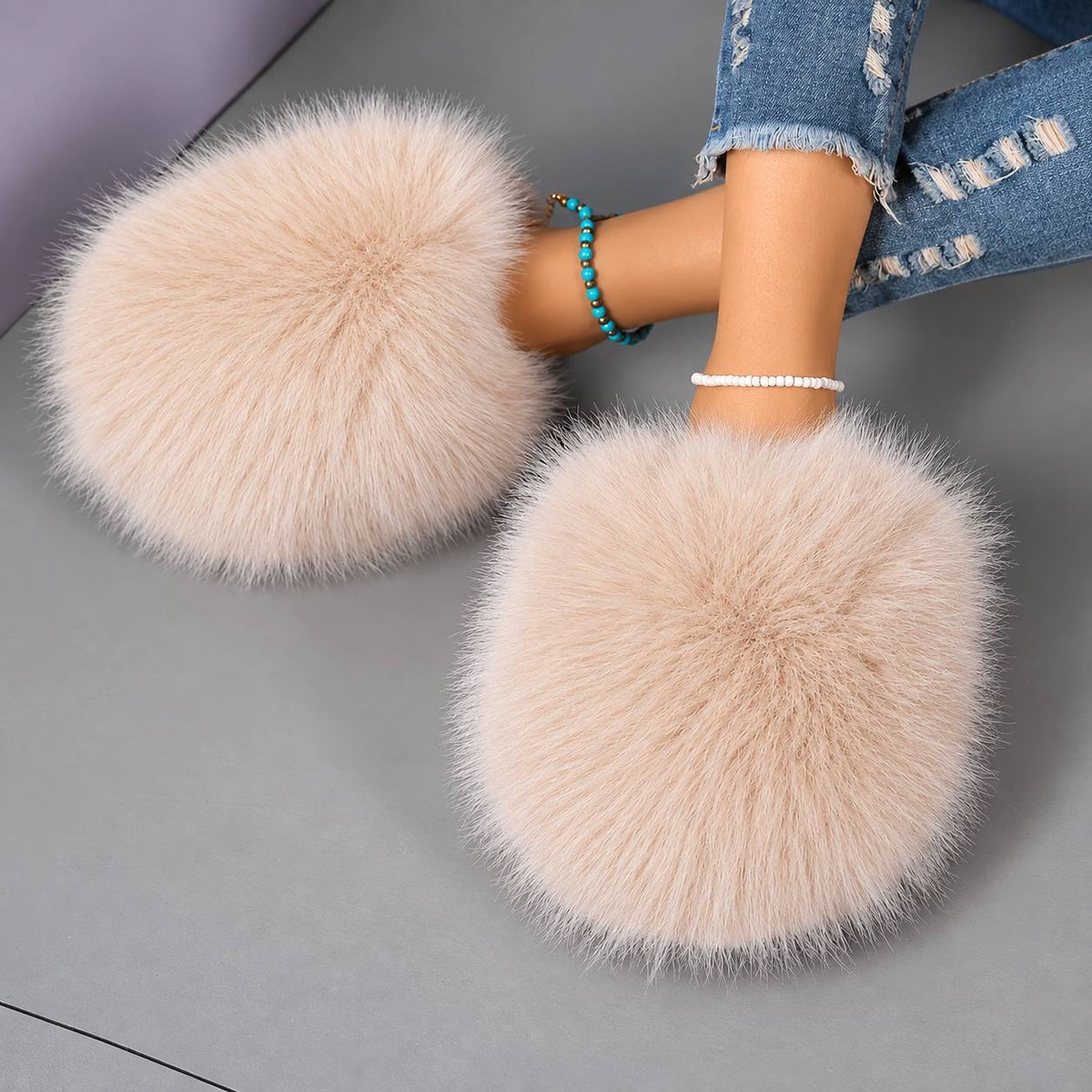 Fluffy Slip-On Slippers With An Open Back – Beige