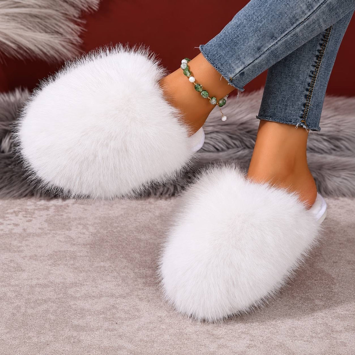 Fluffy Slip-On Slippers With An Open Back – White