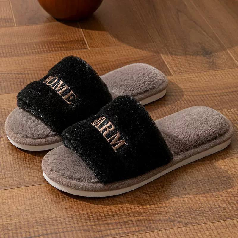 Fluffy Open-Toe Slippers With Embroidered Lettering Detail – Black